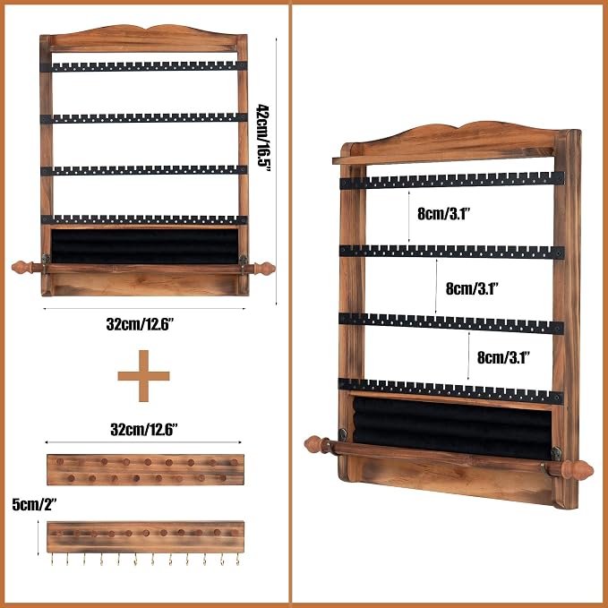 3Pcs Jewelry Organizers and Storage, Wood Earring Organizer | Hanging Jewelry Organizer,Rustic Wall Jewellery Organizer,Wall Mounted Earring Holder for Storage Display Gift (Brown+Black) - Image 4