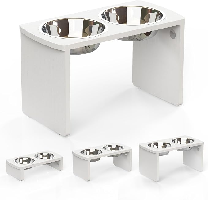 Elevated Dog Bowls, Waterproof Raised Dog Bowl for Medium & Large Dogs, HIPS Poly Lumber Stand with 2 Stainless Steel Bowls, Indoor & Outdoor Use (13'' Tall–68 oz Bowl, White) by JoyoPawFamily