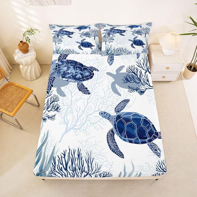 Turtle Sheet Set Twin,White Blue Sea Turtle Bedding Set for Kids Boys Girls,Reptile Tortoise Fitted Sheet Ocean Beach Theme Top Sheet,Hawaiian Coastal Child 3 Pcs Bed Set,1 Flat Sheet, 1 Pillowcase - Image 2