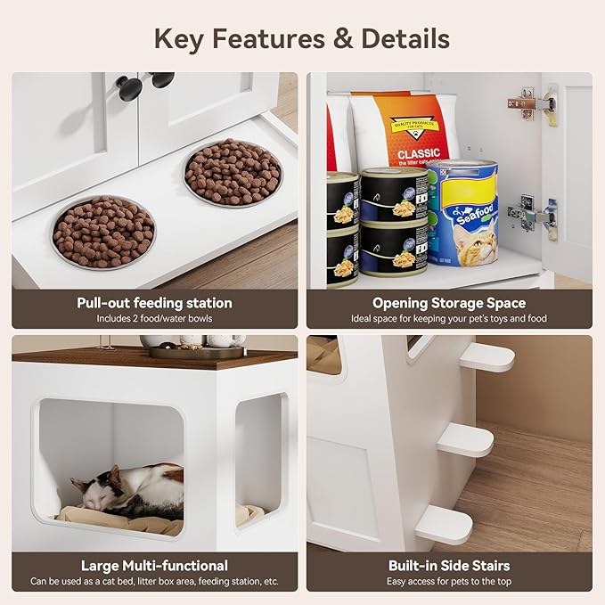 Cat Feeding Station, 2-Tier Wood Cat House with Storage, Raised Bowls for Indoor Cats, Pull-Out Feeding Station & Cat Condo, Includes 2 Stainless Bowls - Image 3