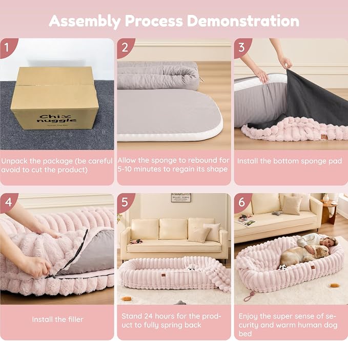 ChiXnuggle Orthopedic Human Dog Bed,Striped Faux Fur Washable Cover,Blanket | pink,72*40*10,giant dog bed for adult or extra large dogs,egg crate foam,non-slip bottom - Image 7