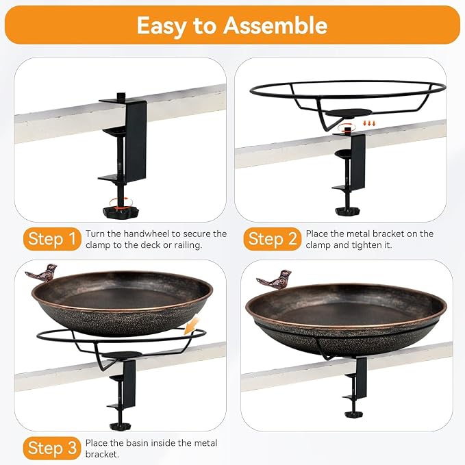 12' Railing Bird Bath for Deck Mounted Metal Bowl with Lightweight Detachable, Bird Baths with Adjustable Sturdy Steel Clamp for Deck Railing Balcony Yard Garden Decoration - Image 4