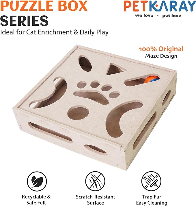 PETKARAY Felt Cat Puzzle Toy, Interactive Cat Toys for Indoor Cats, Interactive Maze for Kitten Felt Puzzle Box with Ball, Beige - Image 2