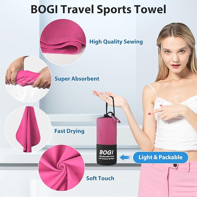 BOGI Microfiber Travel Sports Towel-Quick Dry Towel, Soft Lightweight Microfiber Camping Towel Absorbent Compact Travel Towel for Camping Gym Yoga Swimming Backpacking (XL:72''x32''+16''x16''-Hpink) - Image 4