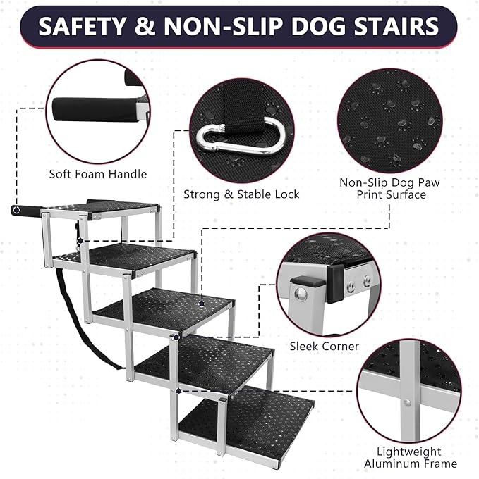 PENSUN Dog Stairs with Nonslip Surface Portable Folding Pet Ramp for Car, SUV and Trucks Foldable Truck Ramp Stairs for Small to Large Size Dogs Up to 250LBS
