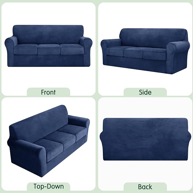 CHUN YI 4 Piece Velvet Couch Covers for 3 Cushion Couch, Water Resistant Non Slip Sofa Slipcover, High Stretch Thick Furniture Protector for Dogs Pets, Large, Navy - Image 5