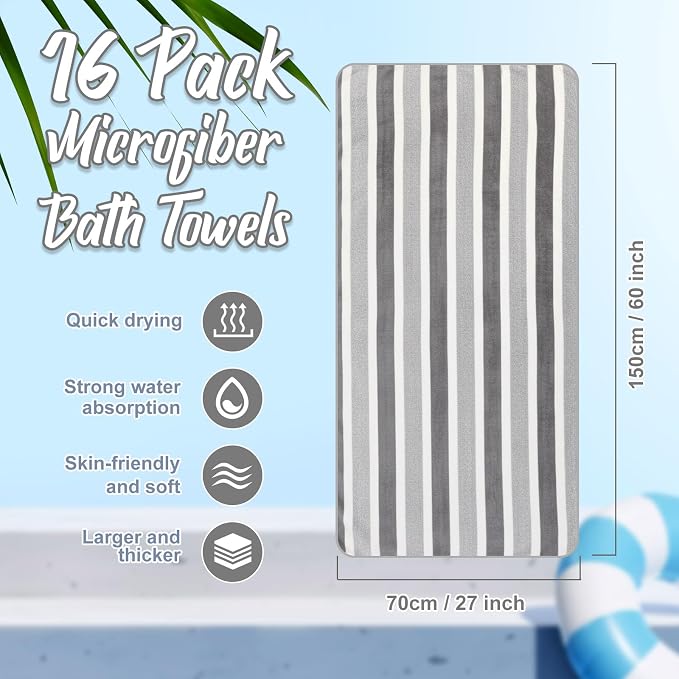 SmoothNovelty 16 Pack Microfiber Bath Towels Bulk 27'' x 60'' Oversized Size Bath Towel Highly Absorbent Extra Large Soft Drying for Beach Shower Summer Salon Sport Gym Party (Stripes,Grey) - Image 2