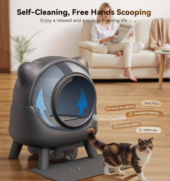 Automatic Litter Box, FEELNEEDY Self Cleaning Litter Box, Odor Control Robot, Cat Ears Design, 65L APP Real-Time Monitor, Cat Litter-Boxs for Multiple Cats, Safety Sensors, with 1 Trash Bag - Image 2
