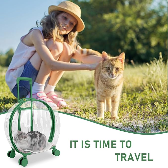 Pet Carrier with Wheels - Transparent PC Material, Sturdy and Breathable Design, Convenient Handle, Suitable for Cats and Dogs (Green)