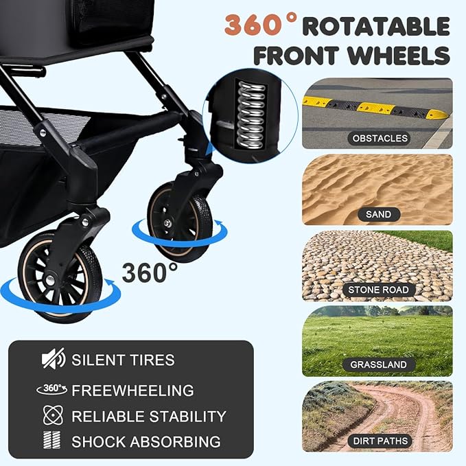 Dog Stroller for Large & Medium Dogs (20–132 lbs), Pet Stroller for 2 Small Dogs, Cat Strollers for 2 Cats, Extra Large Heavy Duty, Foldable & Fully Ventilated Design, Gray