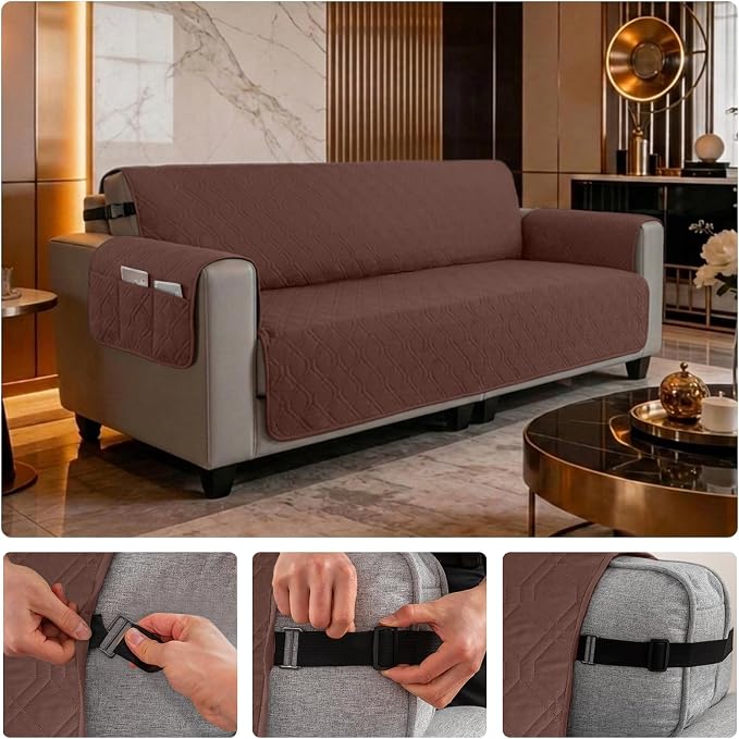 100% Waterproof Couch Cover,Straps&Pockets,pet Friendly,78" Coffee | Washable sofa cover, pet-friendly, scratch-resistant furniture protector, quilted sofa cover, reversible, non-slip backing. - Image 6