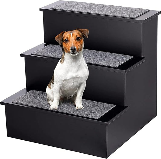 AdirPets Deluxe 3-Step Pet Stairs with Non-Slip Surface and Carpeted Treads - Sleek Pet Steps for Small Dogs, Cats, Elderly or Disabled Pets - Supports Up to 175lbs Weight - Black