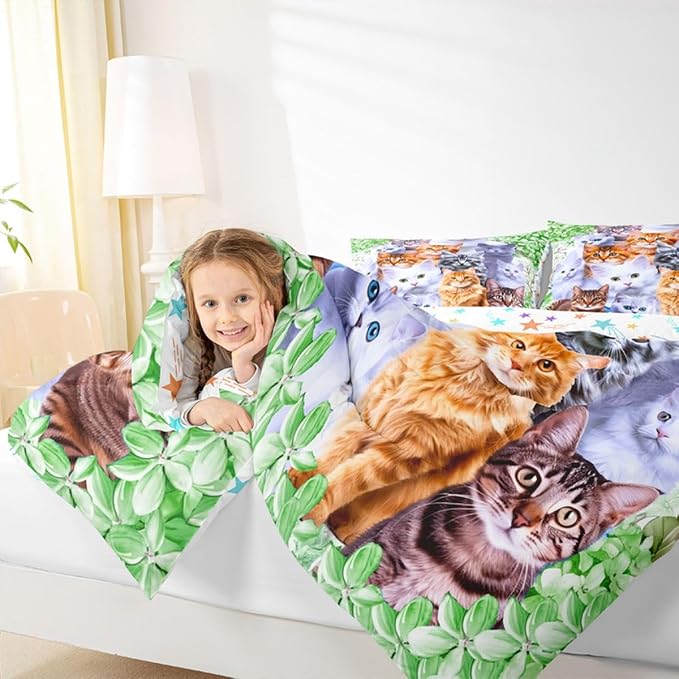 Feelyou Cute Cartoon Cat Twin Comforter Set for Girls Princess Pet Cats Bedding Set Kids Collage Kitten Kitty Bedding Comforter Feline Animal Lovely Floral Green Decor Quilt with 1 Pillowcase Boys - Image 6