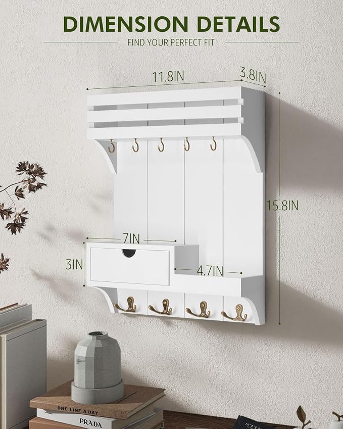 Rebee Vision Key Holder Wall Mount with Drawer & Shelf for Entryway, White | Sturdy Wood, Key Holder for Wall, 9 Sturdy Key Hooks, Wall Shelf, Drawer Organizer, Modern Home Decor, Decorative Storage - Image 6