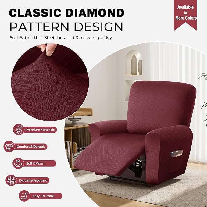 vctops Diamond Recliner Cover 4-Pieces Recliner Stretch Sofa Slipcover 1 Seater Couch Protector Soft Solid Furniture Protector Covers with Elastic Strap (Wine Red,1 Seat) - Image 3
