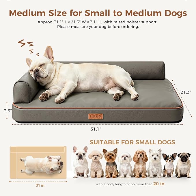 Outdoor Waterproof Dog Bed for Small Dogs, Egg Crate Foam Crate Pad with Raised Bolster, Removable Washable Leather-Look Cover, Non-Slip Bottom, Gray, for Dogs Up to 20 in. Long - Image 2
