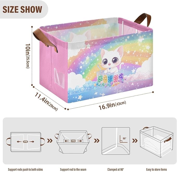 Cute White Cat Rainbow Colorful Baby Storage Basket with Labels&Handles Rectangular Nursery Storage Bins Collapsible Shelf Organizer Baskets for Kids Books Cloth Gift Basket Toys Laundry, 2 Pack - Image 6