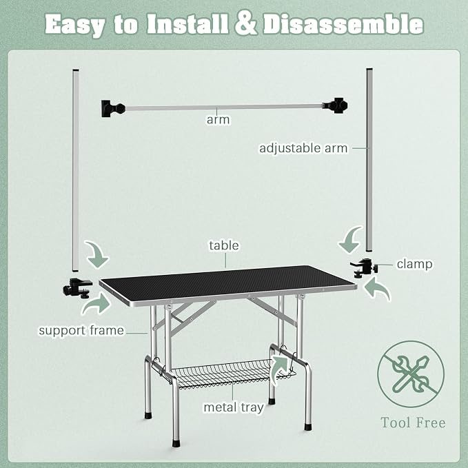 Lyromix 42'' Stainless Steel Pet Dog Grooming Table, Arm/Noose/Tray, Black | Foldable Dog Grooming Table for Dogs at Home, Adjustable Height Arm, Non-Slip Waterproof Tabletop, Capacity 330Lb - Image 6
