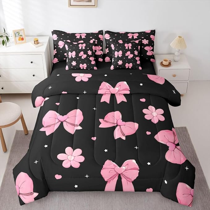 Erosebridal Bowknot 7 Piece Comforter Set Queen Size Black Pink Bedding Set for Girls Kids Bedroom Pink Bows Comforter Microfiber Bow Heart Pattern Bed in A Bag with Sheets Flower Bed Set by Erosebridal