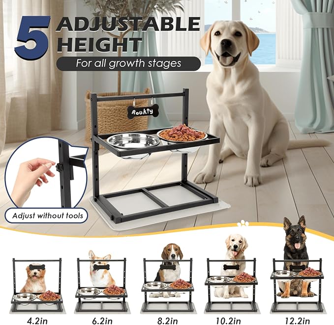 ADENGL Elevated Dog Bowls with Slow Feeder, 5 Adjustable Heights, Anti-Slip, Durable Metal Frame, Spill Proof Mat, Rust-Resistant Bowls, Easy to Clean - Image 3
