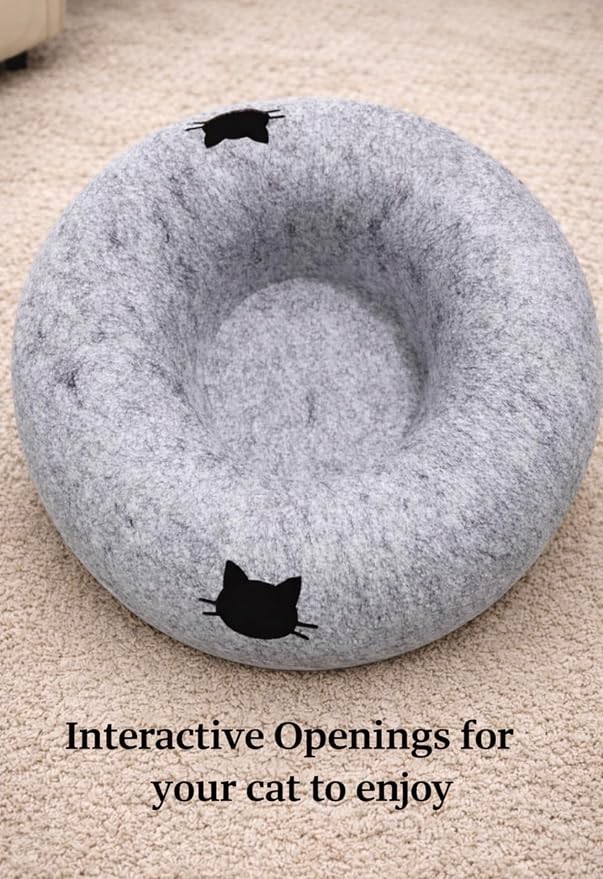Cat Tunnel Bed - Comfort Bedz Large Donut Cave for Cats, Felt Enclosed Hideaway with Zipper, Top Perch, Interactive Toy, Washable Indoor Cat House - Image 6