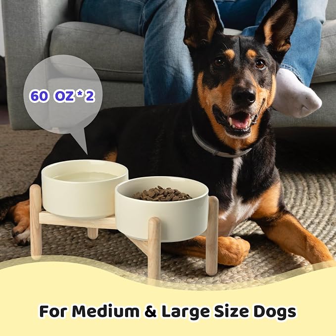 SPUNKYJUNKY Ceramics Elevated Dog Bowls with Wooden Stand - Raised Double 60OZ Cream White Bowls for Medium Large Dogs - Image 7