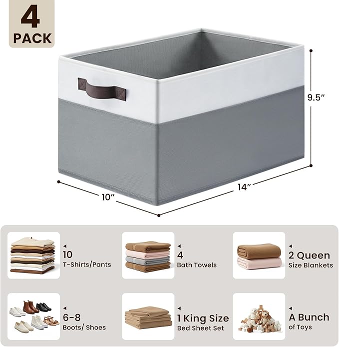 4 Pack Large Closet Storage Baskets Bins for Shelves | Fabric Closet Organizers and Storage with Handles Home Organization | Decorative Collapsible Baskets for Organizing Clothes Toy Nursery 14"x10" - Image 2