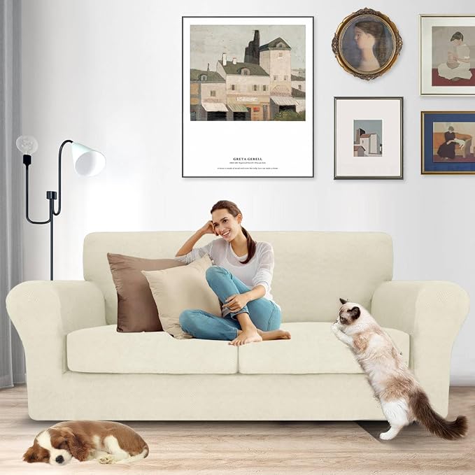 MAXIJIN 3 Piece Couch Covers for 2 Cushion Couch Sofa Cover, Stretch Loveseat Sofa Slipcovers for Sofas with 2 Large Cushions, Thick Dogs Pet Furniture Covers (71"-91", Beige) - Image 2