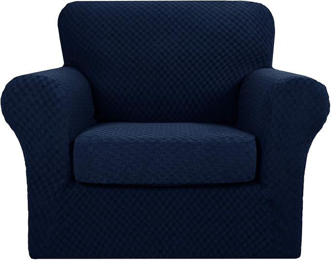 YEMYHOM Latest Checkered 2 Pieces Chair Covers for Living Room High Stretch Thickened Chair Slipcovers with Arms Anti Slip Elastic Armchair Sofa Couch Slipcover Protector (Navy), 31"-46"(1 Cushion) by YEMYHOM