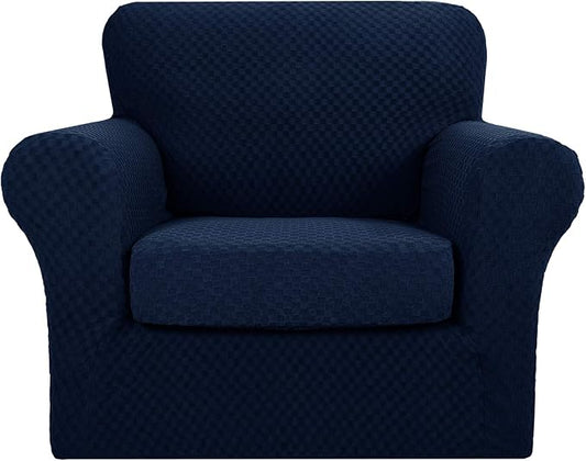 YEMYHOM Latest Checkered 2 Pieces Chair Covers for Living Room High Stretch Thickened Chair Slipcovers with Arms Anti Slip Elastic Armchair Sofa Couch Slipcover Protector (Navy), 31"-46"(1 Cushion) by YEMYHOM