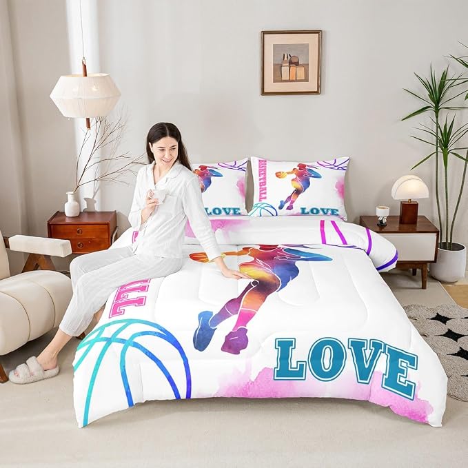 Basketball Lovers Kids Comforter Set Full Size,Modern Sports Games Competition Bedding Set,Girls Boys Adults Room Decor,Hand Painted Fashion Down Comforter,Pink Purple Duvet Insert,2 Pillowcases by Homewish