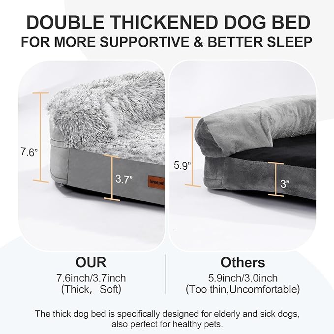 iweepet Fluffy Calming Orthopedic Dog Beds for Medium & Large Dogs, Supportive Dog Sofa Bed with 3.7 inch 28D Egg-Crate Foam, Removable Washable Plush Cover, Waterproof Lining, 41'',Grey - Image 4