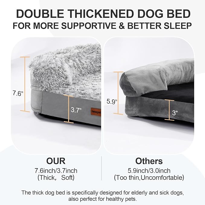 iweepet Fluffy Calming Orthopedic Dog Beds for Large & Extra Large Dogs, Supportive Dog Sofa Bed with 3.7 inch 28D Egg-Crate Foam, Removable Washable Plush Cover, Waterproof Lining,44’’,Grey - Image 5