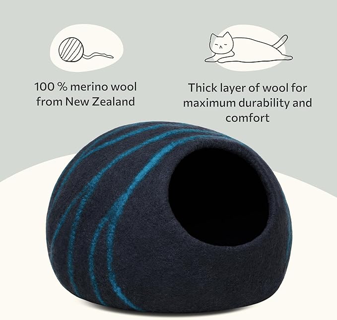 MEOWFIA Cat Cave – Premium Felt Cat Bed for Indoor Cats, Handmade 100% Merino Wool (Large, Black Aqua) - Image 3