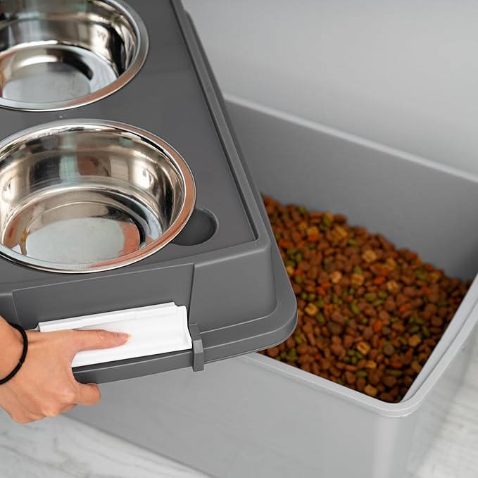 IRIS USA Dog Bowls Elevated with Storage, 15" H Raised Feeding Station, Dog Bowl Stand with Airtight Food Storage Holds 47 lbs, 2 Removable 64 oz Stainless Steel Bowls for Large Dogs, Gray/Dark Gray - Image 5