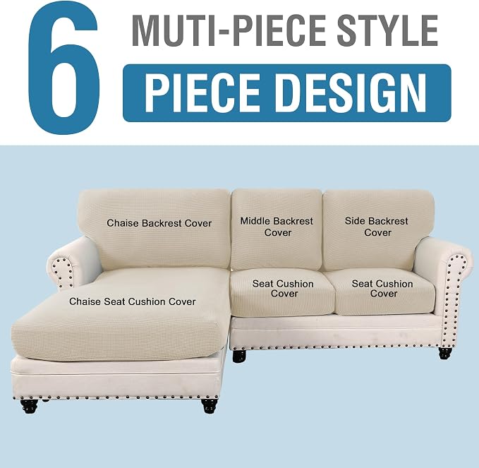 H.VERSAILTEX Sectional Couch Covers 6 Pieces Stretch Sofa Cover for Sectional Sofa Set Separate L Shaped Couch Cover for Both Left/Right Couch (Seat and Back: 1 Chaise + 2 Sofa, Island Fossi) - Image 2