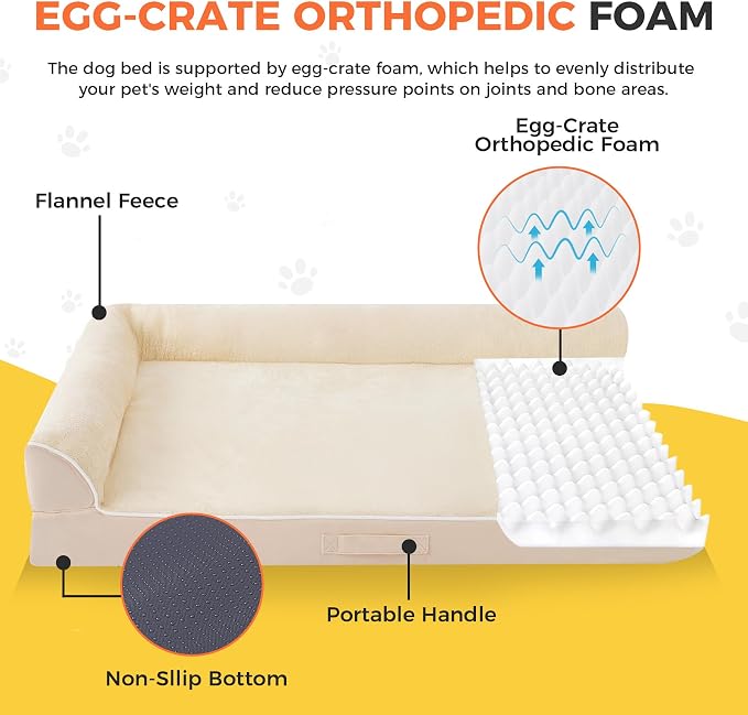 Dog Bed Large Sized Dogs, Orthopedic Dog Bed for Large Dogs, Waterproof Pet Bed with Washable Removable Cover, L-Shaped Pet Couch with Portable Handle 36"x27"x6.5", Beige - Image 2