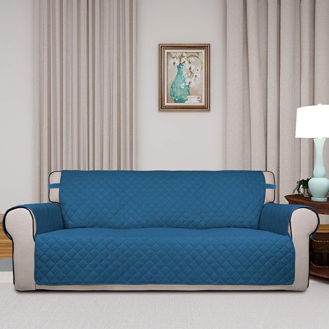 PureFit Reversible Quilted Sofa Cover Dog Couch Covers for Sofa, 66 in | Peacock Blue/Beige, Water Resistant Couch Protector, Washable Pet Couch Cover with Non Slip and Elastic Straps For Kids - Image 2