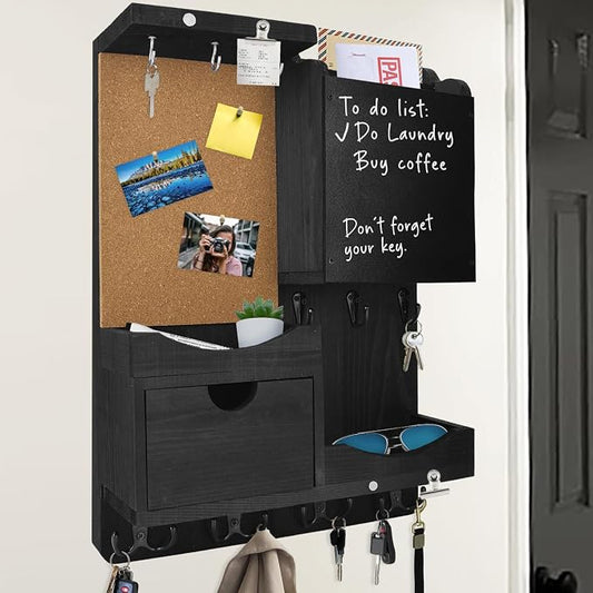 Key Holder Wall Mount, Mail Organizer Key Holder for Wall with Shelf, Drawer, Chalkboard, Corkboard, Home Decor Mounted for Room Entryway (Black) by HEKOOLA