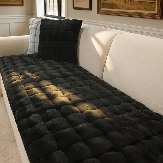 OHSIO Couch Cover for Pets Plush, Non Slip Cozy Sofa Cover Pet Friendly, Soft Thick Fuzzy Sofa Slipcovers for 3 Cushions Washable Couch Sofa Funiture Protector(Black,27.6'' x 70.8'') by OHSIO