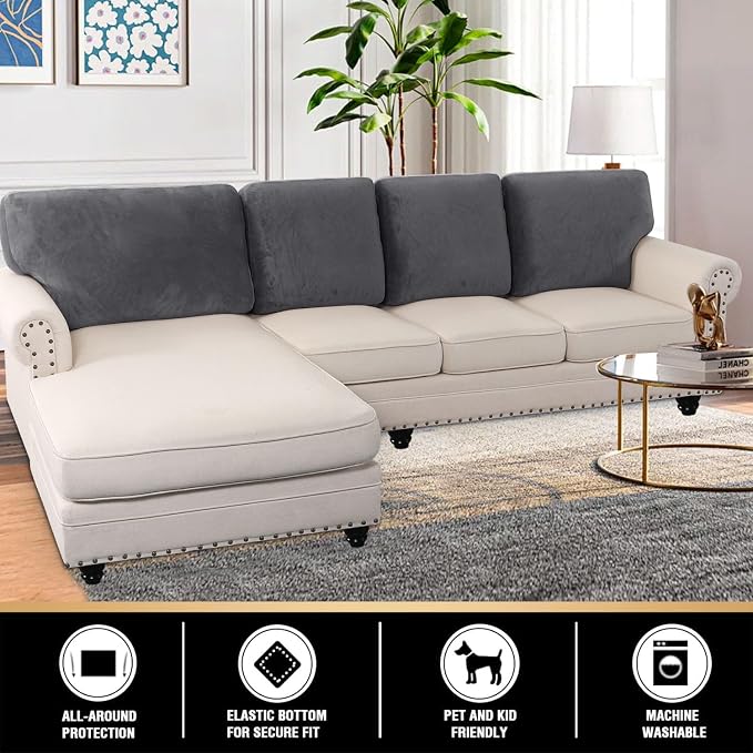 PrinceDeco Sectional Couch Covers Velvet Cushion Covers for Sectional Couch Washable Cushion Covers for Sectional Sofa Pet Friendly Sectional Sofa Slipcovers(1 Chaise Back+ 3 Sofa Back,Grey) - Image 2