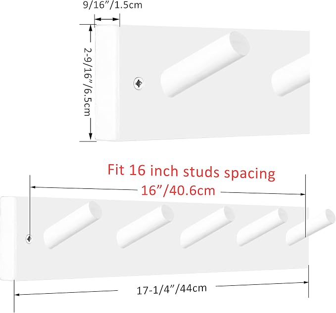 WEBI Coat Rack Wall Mounted,Coat Hanger Wall,16" Hole to Hole,Coat Hooks Wall Mount,Hook Rack Peg Rail,5 Hooks for Hanging Jacket,Hats,Clothes,White - Image 2