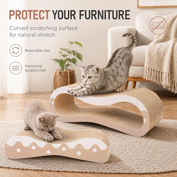 Cat Scratcher Lounger, 2 in 1 Large Cardboard Cat Scratching Board for Indoor Cats, 100% Recyclable&Reversible Horizontal Scratching Pads Prevents Furniture Damage, Wave - Image 4