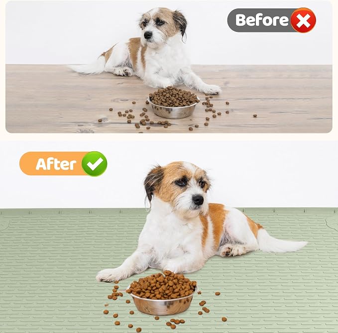Dog Food Mat 57''x40'' Extra Large Dog Mat for Food and Water, Green | Silicone Dog Bowl Mat with Raised Edge, Waterproof Non-Slip Pet Feeding Mat for Floors, fit for Dog Cat Bowls - Image 4