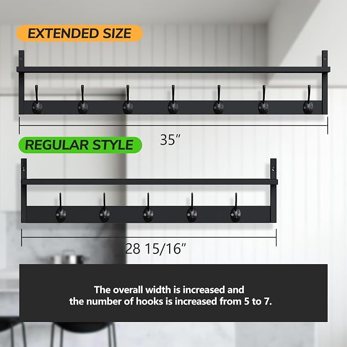 BAMEOS Wall Hooks with Shelf 35 Inch Length Entryway Hanging Shelf Wood Coat Hooks Wall-Mounted Coat Hook Rack with 7 Dual Hooks for Bathroom, Living Room, Bedroom (Black) - Image 2