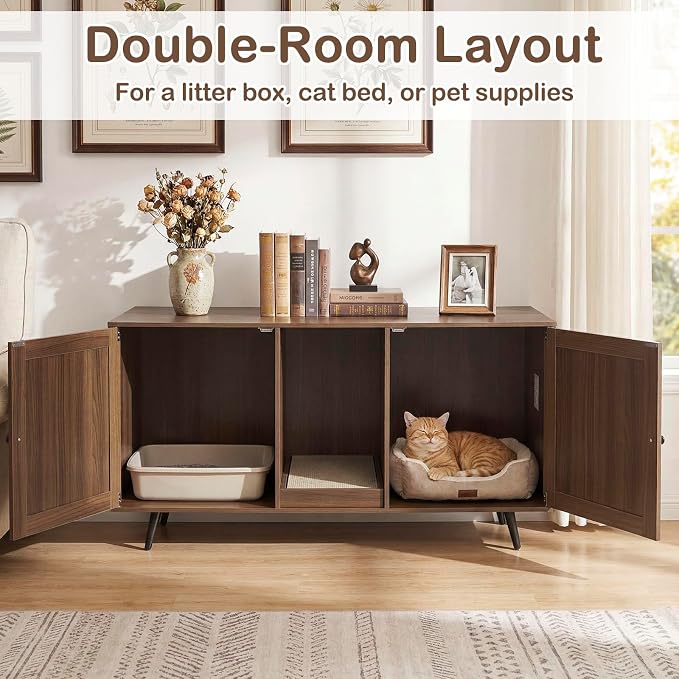 Tangkula Double Cat Litter Box Enclosure for 2 Cats, Large Stackable Hidden Privacy Cat Washroom Cabinet with Scratching Board, Indoor Cat House TV Stand Side Table, Litter Box Furniture (Brown) - Image 3
