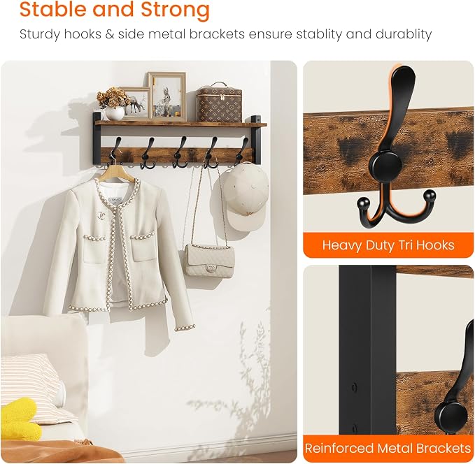 Homode Wall Mount Coat Rack with Shelf and 5 Tri Hooks | Wood Coat Hangers for Hanging Hat, Towel, Purse, Jacket, Rustic Brown - Image 4