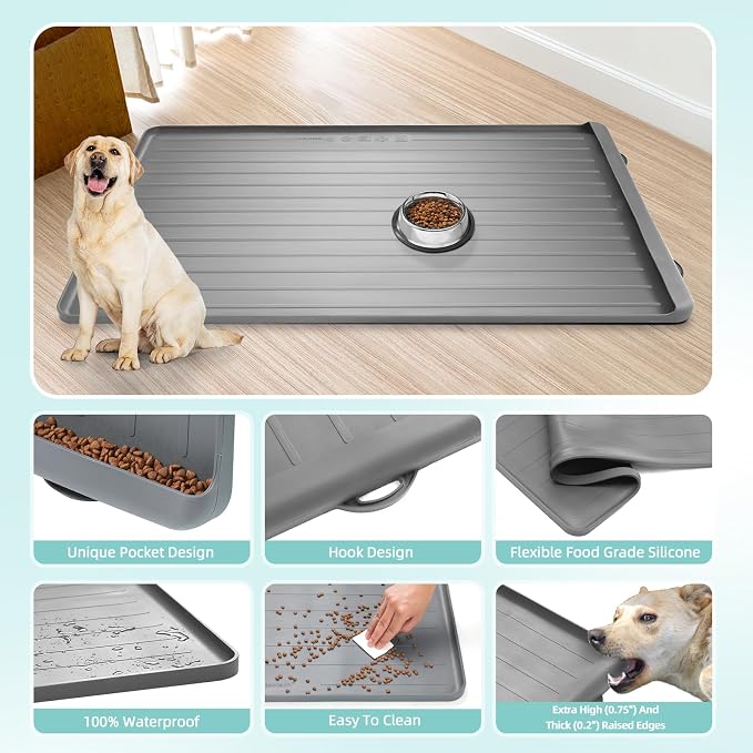 Dog Mat for Food and Water - 39.4" x 27" Large Pet Feeding Mats with Residue Collection Pocket - Waterproof Dog Cat Bowl Mat with High Edges to Prevent Water and Food Spills (Light Grey) | Waterproof Pet Bowl Mat with Residue Collection Pocket and High... - Image 5