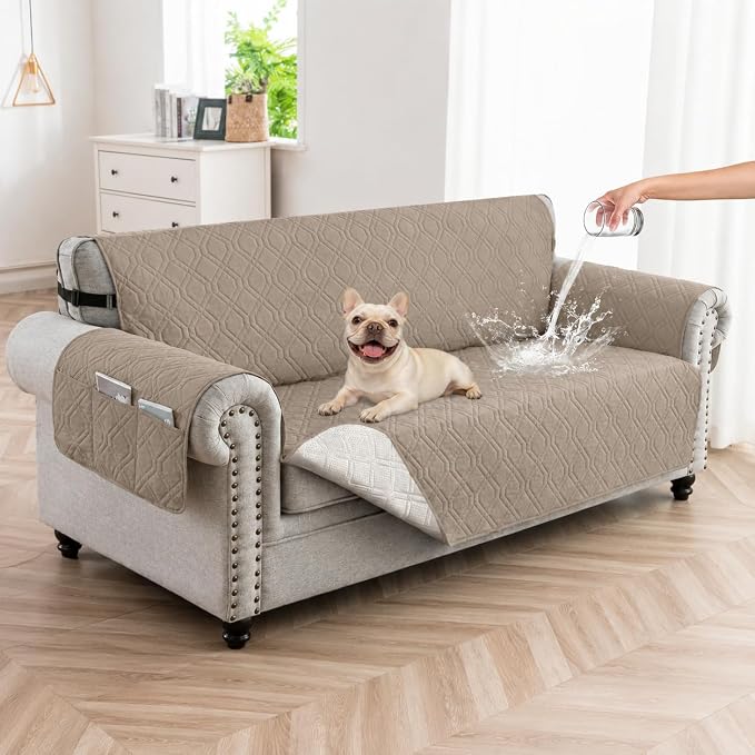 100% Waterproof Couch Cover,Straps&Pockets,pet Friendly,68" Camel | Washable sofa cover, pet-friendly, scratch-resistant furniture protector, quilted sofa cover, reversible, non-slip backing. by Unknown