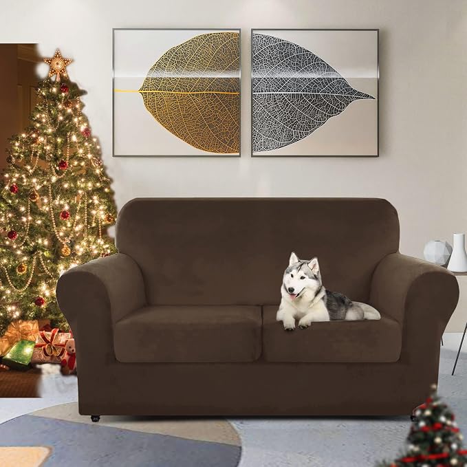 ZNSAYOTX Luxury Velvet Sofa Cover 3 Piece (57"-70") Stretch Loveseat Covers for 2 Cushion Couch Thick Soft Couch Slipcover with Non Slip Strap, Dog Pet Friendly Nice Furniture Protector (Dark Coffee) - Image 2